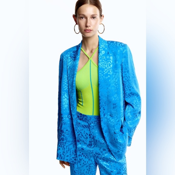 ZARA PANT SUIT - TURQUOISE JACQUARD BLAZER SIZE S & WIDE LEG JACQUARD PANTS SZ M - Picture 11 of 14